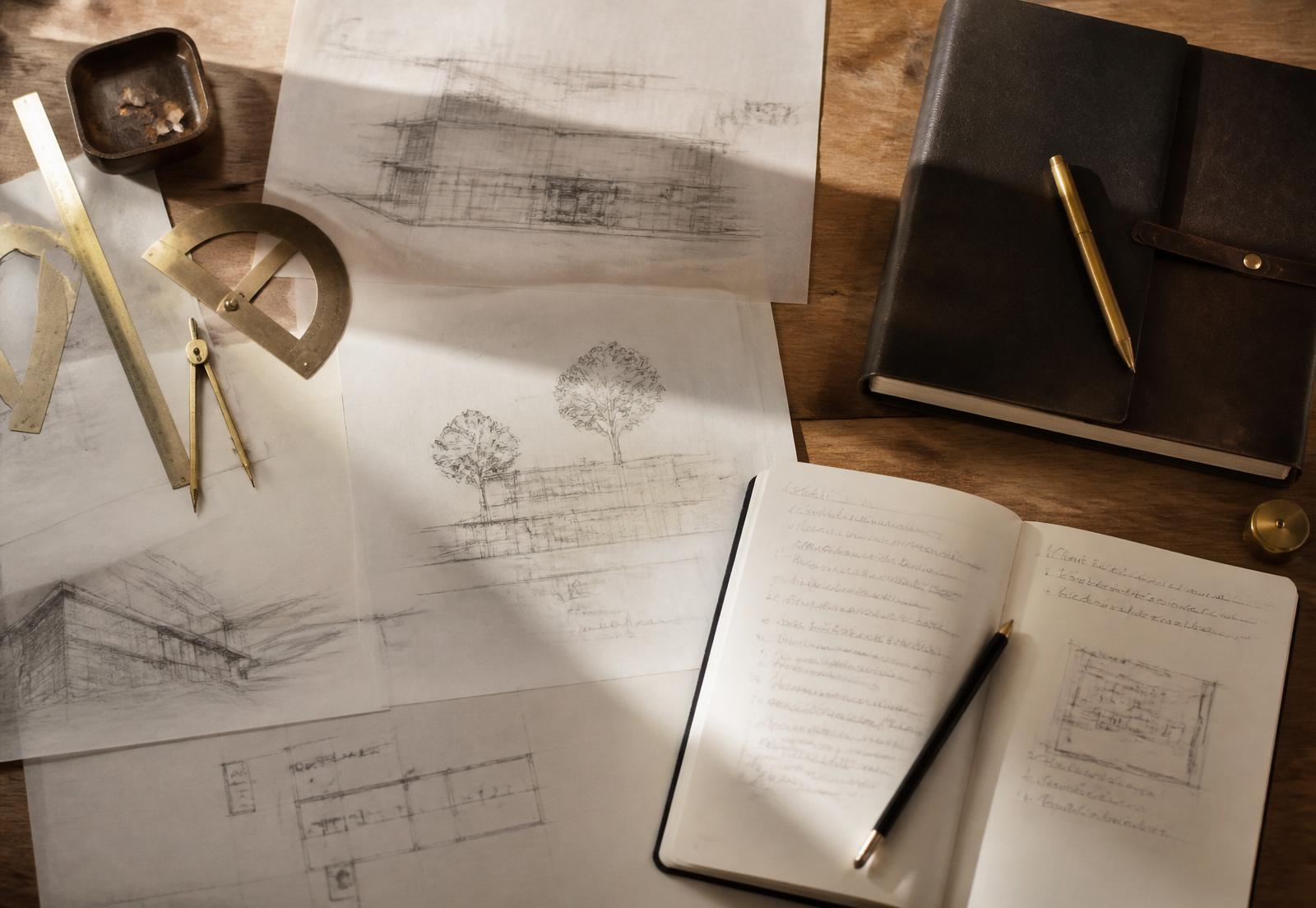 An architect's desk with sketches and brass instruments